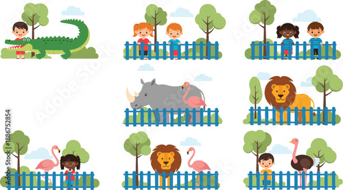 Kids visiting zoo vector set with children animals fence and playful outdoor wildlife scenes isolated