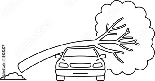 Car Damaged by Fallen Tree During Storm Road Hazard Insurance Concept Illustration