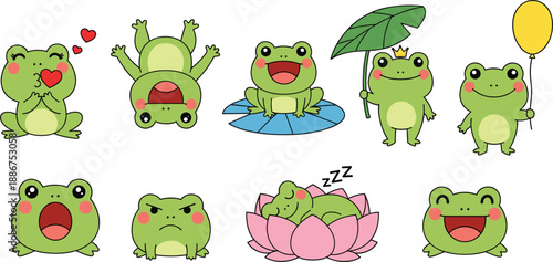 Cute cartoon frog character vector set with funny poses emotions and playful actions isolated