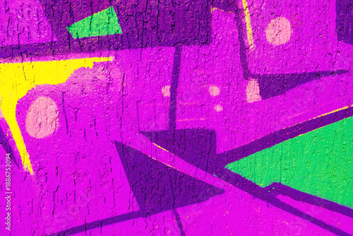 Abstract geometric graffiti with neon purple, green, yellow shapes and lines. Influenced by 90s, Y2K style, fluorescent colors, bold contrasts. Urban decor, street art visuals, creative banners.