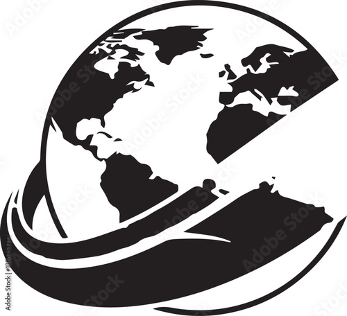 Curved globe showing world continents with swoosh lines, environmental concept vector illustration