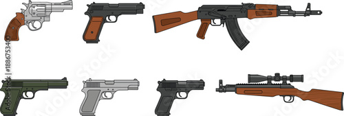 Firearms weapon vector set with pistols revolvers rifles and assault guns illustrated isolated
