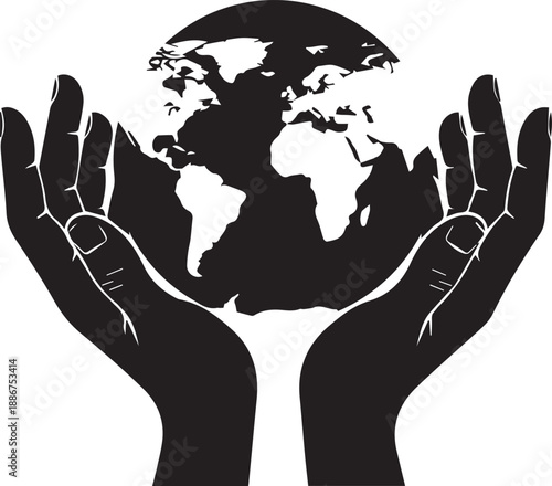 Hands holding planet earth silhouette vector illustration line art showing global care
