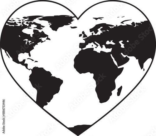 Heart shaped world map showing global love and care for the planet vector silhouette illustration