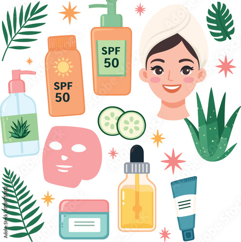 Flat vector illustration set of daily skincare and beauty routine elements including sunscreen SPF 50 moisturizer serum face mask aloe vera and cucumber for natural dermatology and healthy glowing ski