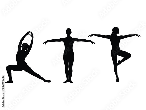Three black silhouettes of people in various yoga poses for meditation and relaxation