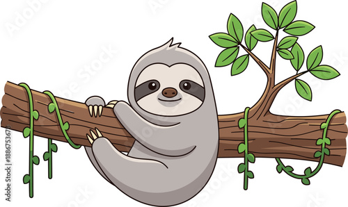Sloth cartoon character, editable vector clipart, hanging pose, tree branch, green vines, relaxed mascot, cheerful, jungle, child-friendly