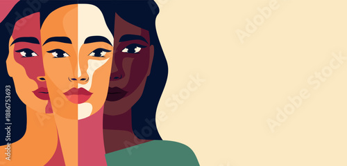 Vector flat banner with place for text for International Women's Day, different faces of women standing side by side. Vector concept of movement for gender equality and women's empowerment