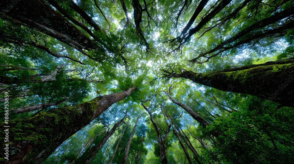 Fototapeta premium Towering green forest trees are viewed from below with a sunburst breaking through the canopy and vibrant green leaves everywhere.