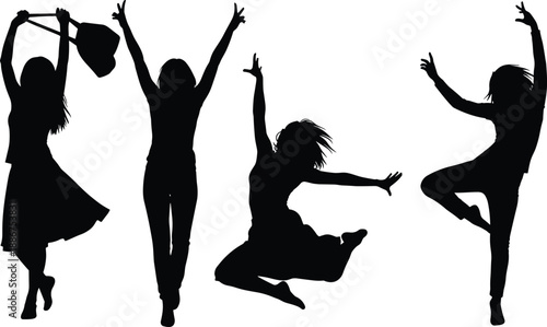 Silhouettes energetic figures dancing and celebrating in dynamic poses, conveying movement, joy, freedom, urban lifestyle, and expressive body language