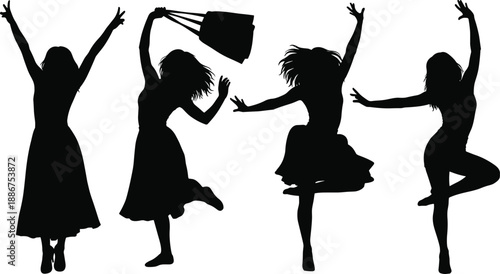 Silhouettes of four energetic dancers in motion, one carrying shopping bags, celebrating movement, urban lifestyle, fashion, and joyful expression