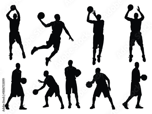 Collection of basketball players in various poses with ball