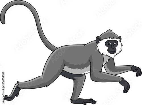 Walking monkey cartoon illustration, stylized primate with curved tail, vector graphics, animal theme, jungle and motion design