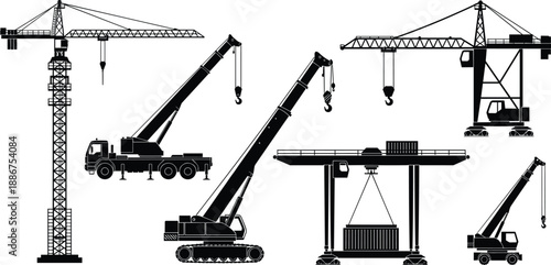 Black silhouette vector illustration set of heavy construction machinery including tower cranes, mobile truck cranes, and container gantry cranes on white background,