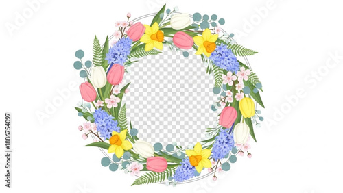Floral Wreath with Colorful Flowers and Leaves Isolated on Transparent Background
