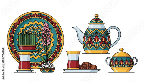 Traditional Moroccan Tea Set with Colorful Teapot and Cups on White Background