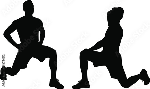 Two silhouetted figures performing lunges demonstrating proper lower body workout form, strength training, balance, and fitness technique for exercise guides