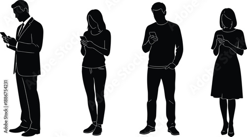Black silhouettes of men and women standing and using smartphones, group of people in casual and professional attire using mobile devices, isolated vector