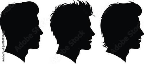 Three male silhouette profiles displaying distinct modern hairstyles and grooming styles, perfect for men's fashion, barber, haircut, and hairstyle concepts