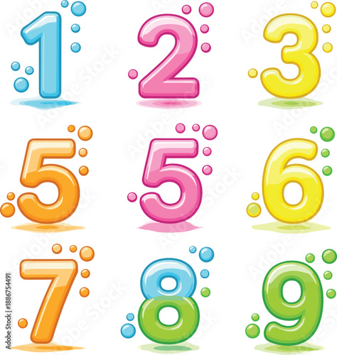 Colorful bubble numbers vector set from one to nine with playful cartoon style isolated