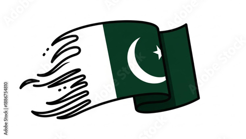Pakistani Flag Waving in Hand, Green and White Colors, Isolated on White Background