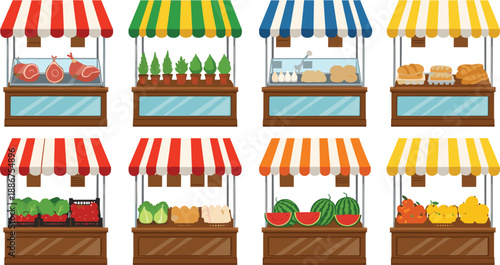 Market stall vector set with food shop booths selling meat vegetables fruits and bakery items isolated