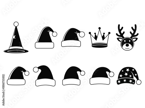 Black and white illustration of various christmas hats and a reindeer head