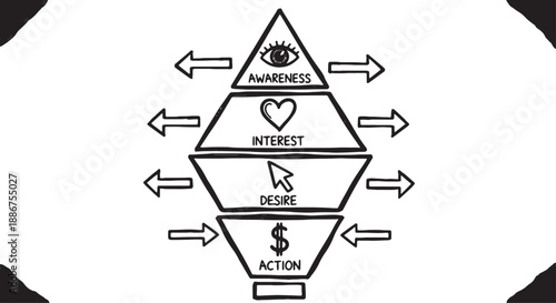 Marketing funnel concept with awareness interest desire action stages