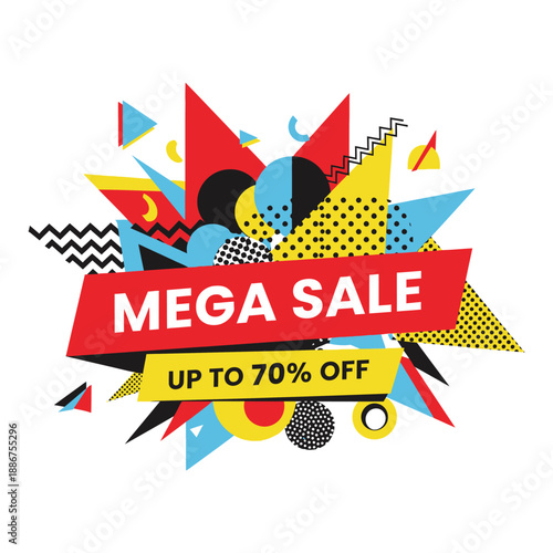 Vibrant mega sale advertisement with colorful geometric shapes and patterns