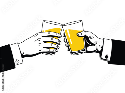 Two hands clinking glasses of orange juice in a toast gesture