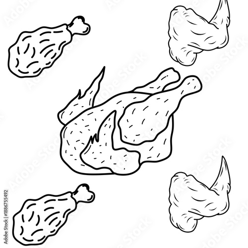 Seamless pattern of chicken legs. Hand drawing Doodle chicken legs. Fried chicken doodle pattern background. Fried chicken Seamless Pattern for coloring kids books