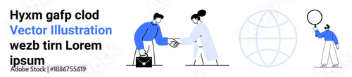 Formal handshake between two individuals, globe illustration for global themes, individual examining a sphere. Ideal for business, teamwork, global outreach, exploration, collaboration, professional