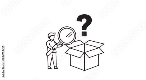 Man examines empty box with magnifying glass and question mark