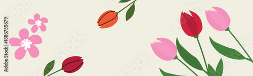 Minimalistic spring floral vector background with blooming tulips and soft flowers on a light backdrop, flat style, fully editable vector artwork.