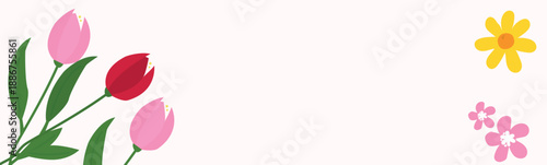 Minimalistic spring floral vector background with blooming tulips and soft flowers on a light backdrop, flat style, fully editable vector artwork.