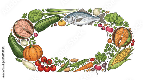 Oval-shaped frame composed of healthy, fresh foods including raw fish, salmon steaks, and a variety of colorful vegetables.
