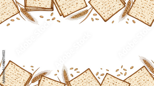 Frame or border made of matzah bread squares and wheat ears, representing the Jewish holiday of Passover, in a vintage sketch style.