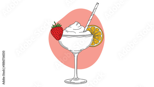 Minimalist line art illustration of a frozen strawberry daiquiri cocktail in a coupe glass, garnished with a fresh strawberry and orange.