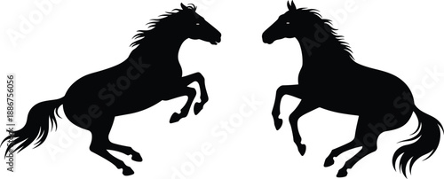 Two running horse silhouettes illustration, black wild horses in motion, elegant animal shapes, racing stallions isolated on white