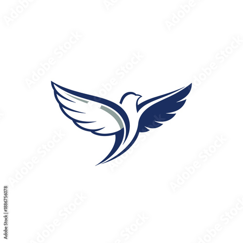 A stylized graphic of a blue and white bird with outstretched wings in flight.