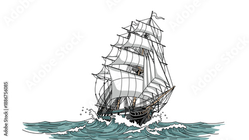Majestic old sailing ship or galleon with full sails navigating through ocean waves, illustrated in a colorful hand-drawn style.