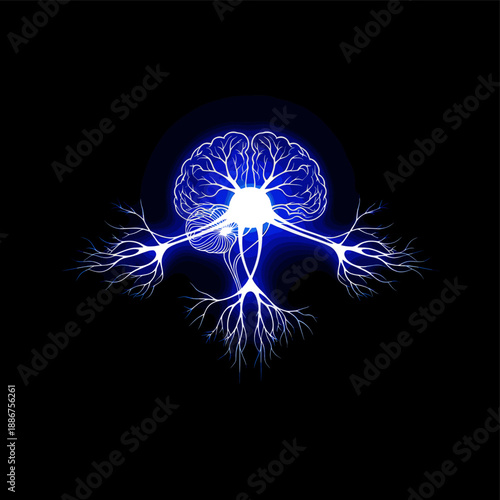 Abstract illustration of a glowing blue brain with neural pathways and electrical impulses on a black background.