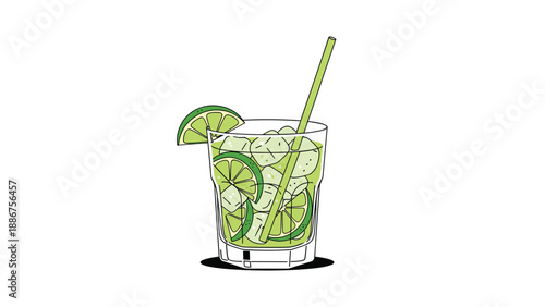 Simple and refreshing Caipirinha cocktail illustration, showing a glass filled with ice, lime wedges, and a straw on a white background.