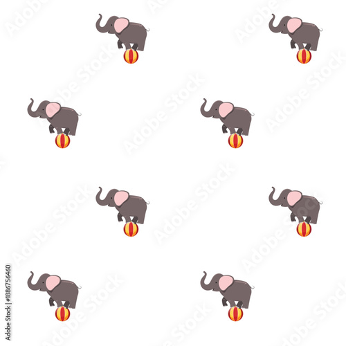 Repeatable elephant circus motif with balancing circus balls, infinite tile pattern ideal for pajamas, bedding, stationery, scrapbook paper, fairground decor, cute vector seamless design