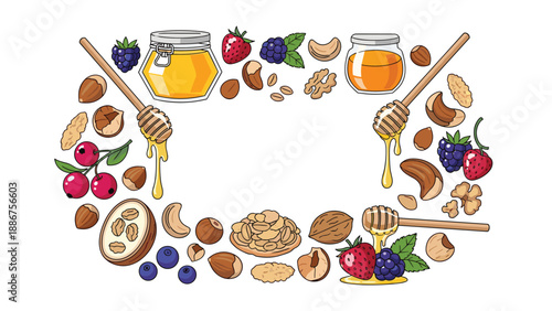 Oval frame created with jars of honey, various nuts, and fresh berries, creating a border for text on a white background.