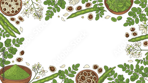 Rectangular frame or border made from hand-drawn elements of the moringa plant, including leaves, flowers, pods, seeds, and powder.
