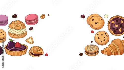 Horizontal banner with two corners decorated with a delicious assortment of pastries, cookies, and desserts like macarons and croissants.