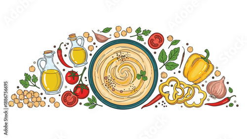Semi-circular composition of a hummus bowl and its fresh ingredients, including chickpeas, olive oil, and bell peppers.