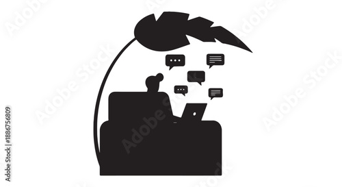 Man relaxes on couch with laptop chatting online in a tropical setting