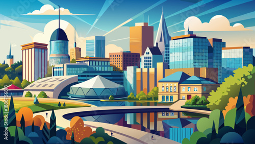 Very beautiful view of Luxembourg’s modern business district featuring the Philharmonie concert hall and contemporary office buildings reflecting a clean, professional, and forward-looking urban envir